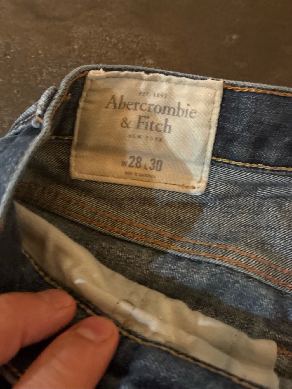 Abercrombie & Fitch Men's Dark Blue Denim Slim Jeans with Tan Stitching